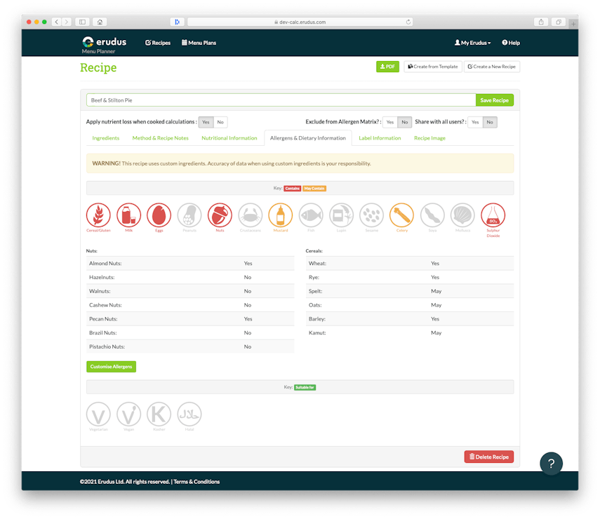 Updates to Erudus Recipe Builder - Allergy and Dietary Information