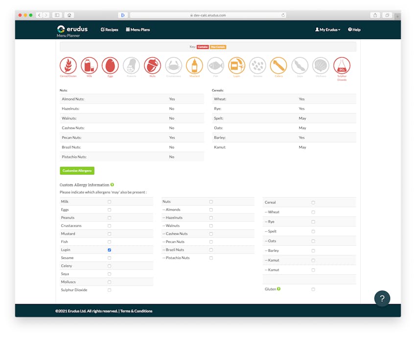 Updates to Erudus Recipe Builder - Customise Allergens 