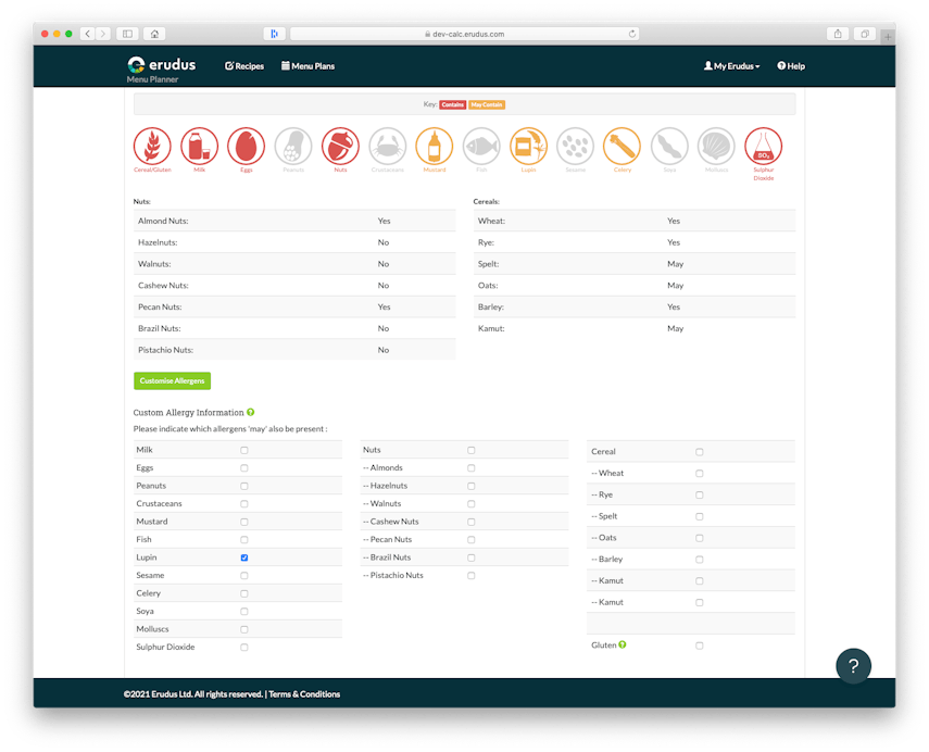 Updates to Erudus Recipe Builder - Customise Allergens 