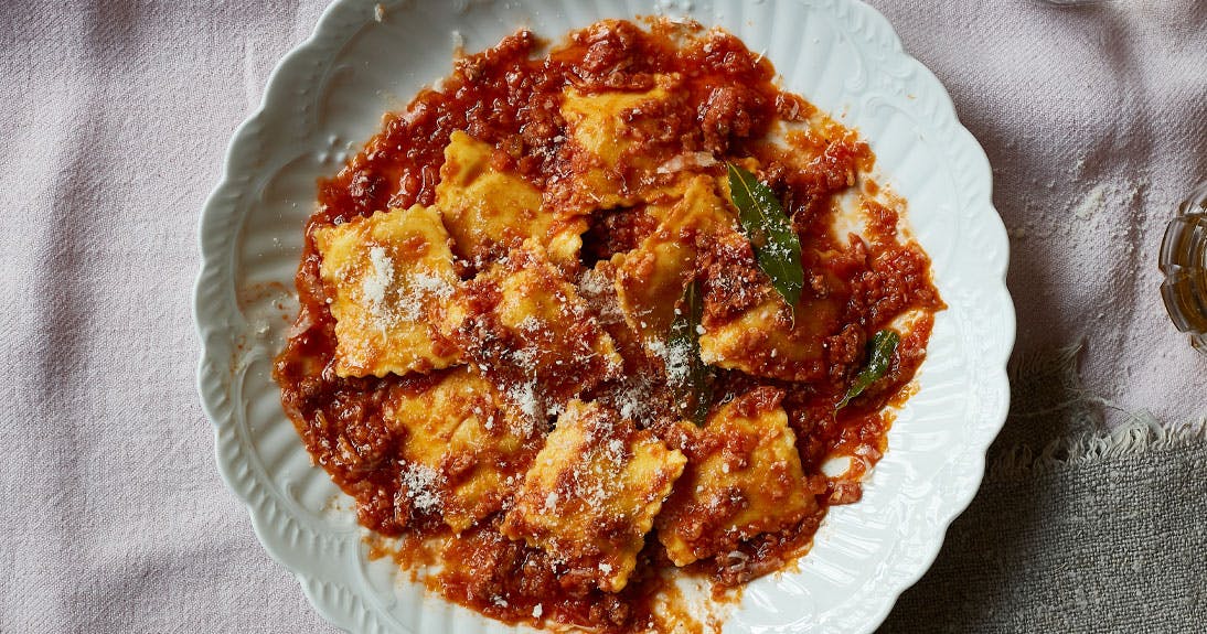 Pumpkin Ravioli with Bolognese Sauce