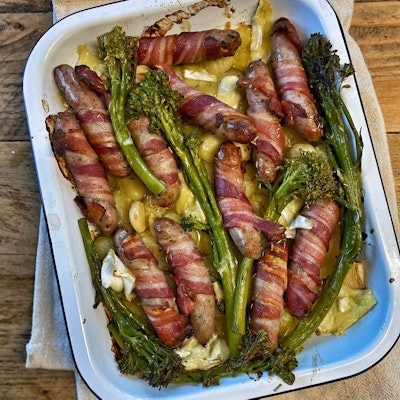 Bacon Wrapped Sausage Traybake  Giant Pigs in Blankets