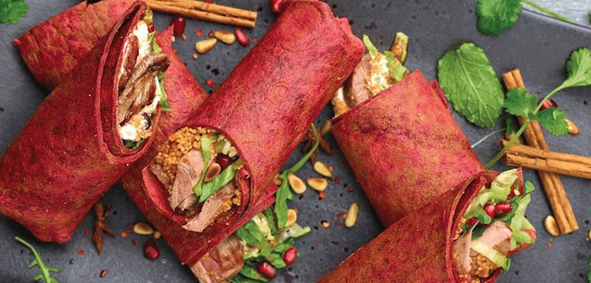 Lamb recipes, menu ideas and top tips - Middle Eastern Spiced Lamb and Beetroot Couscous Wraps recipe