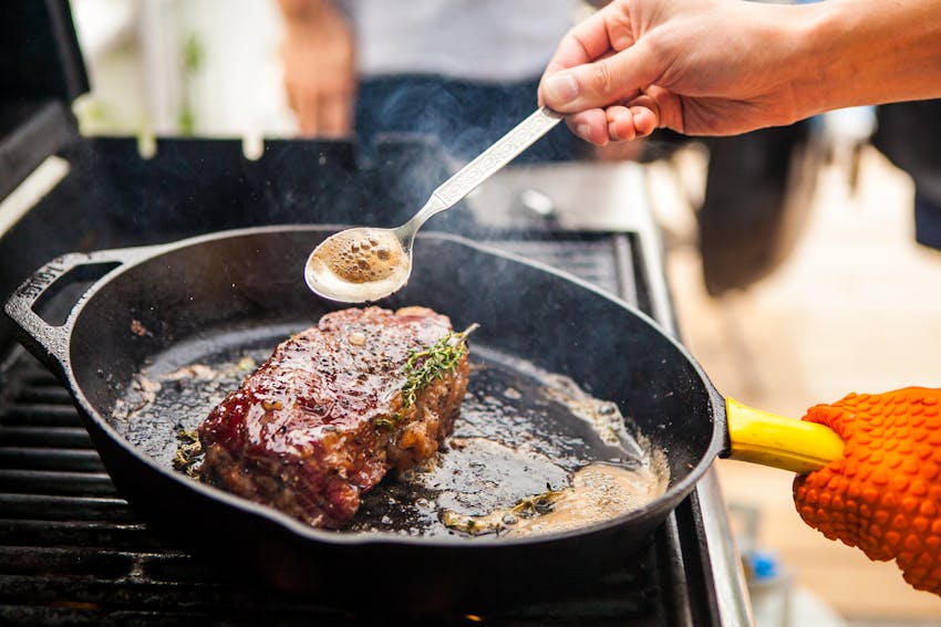 Food Safety Cheat Sheet: Cooking - steak being cooked
