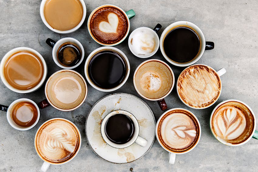 Cute cups of coffee. Latte, espresso, frappuccino, cappuccino