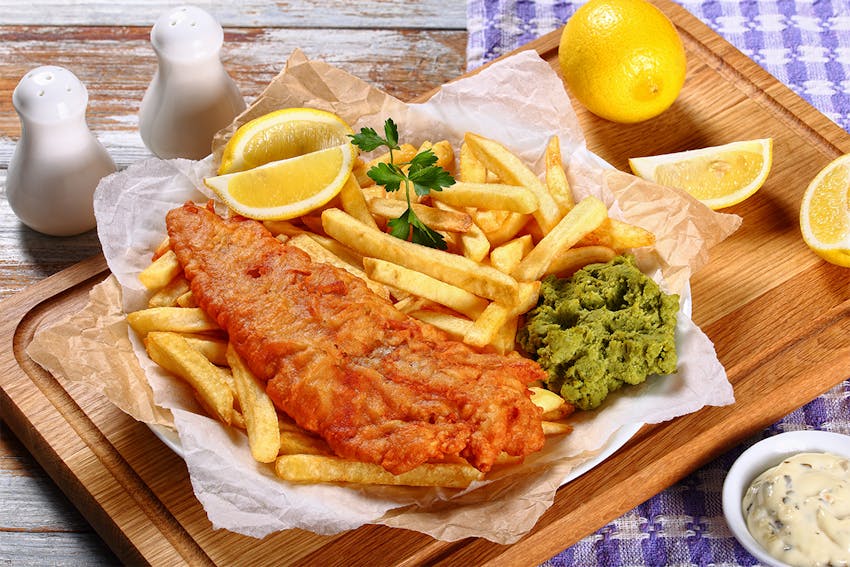 Crispy fish & chips with mushy peas recipe