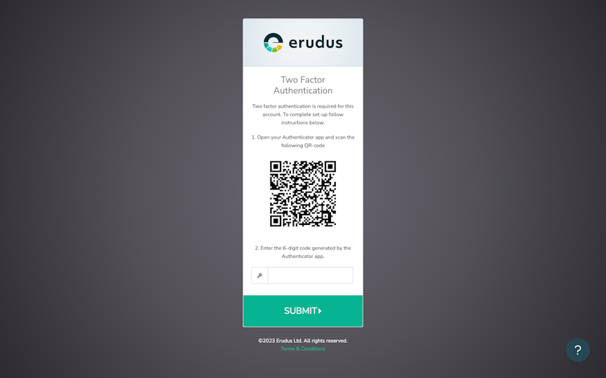 After confirming your username and password your prompted to setup 2FA by scanning the QR code in your preferred authentication app 2FA Setup