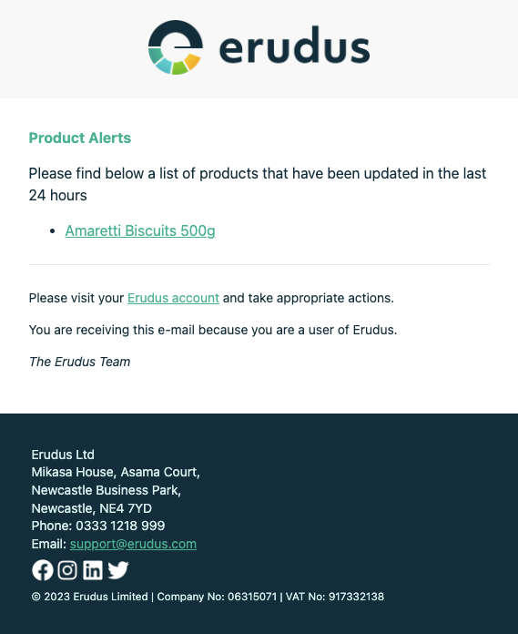 An example of a Product Change Alert email