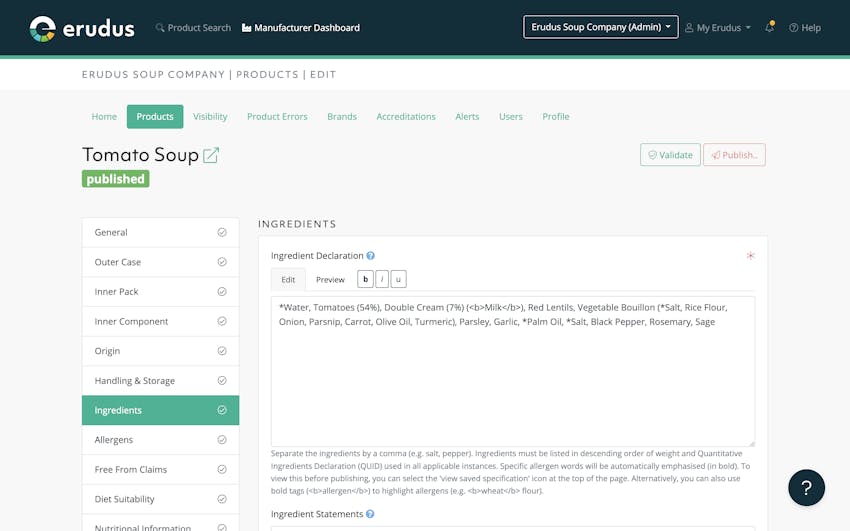 Erudus Validation Engine - Ingredients Declaration
