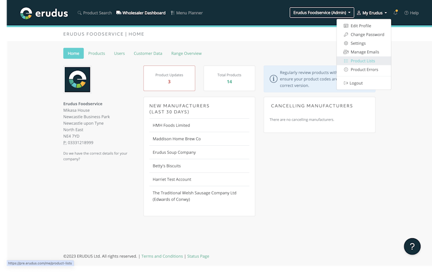 Options under the 'My Erudus' Menu