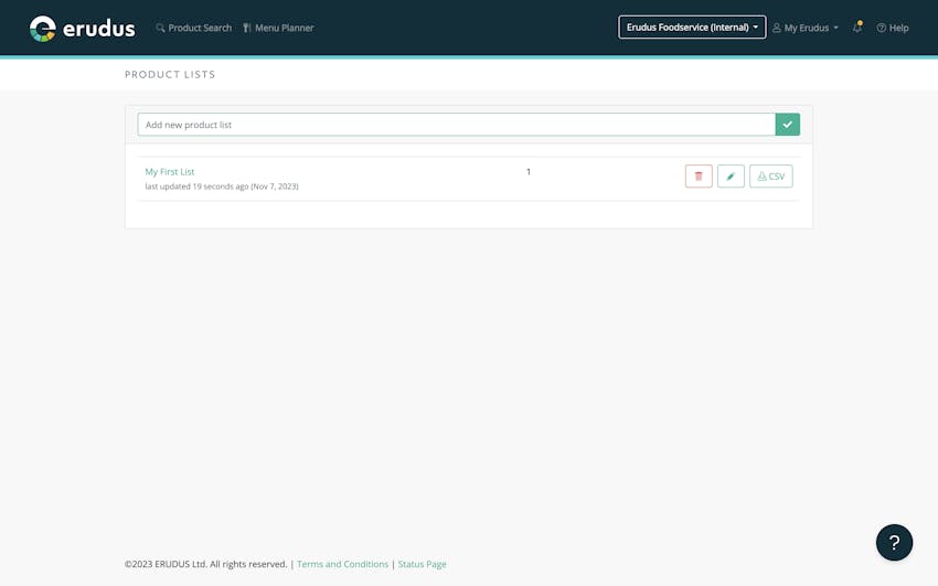 A product list in Erudus with a single product added to it