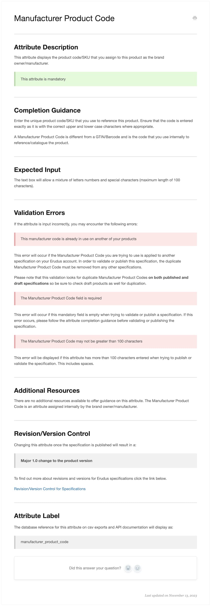 Manufacturer Product Code - Sidebar Guidance