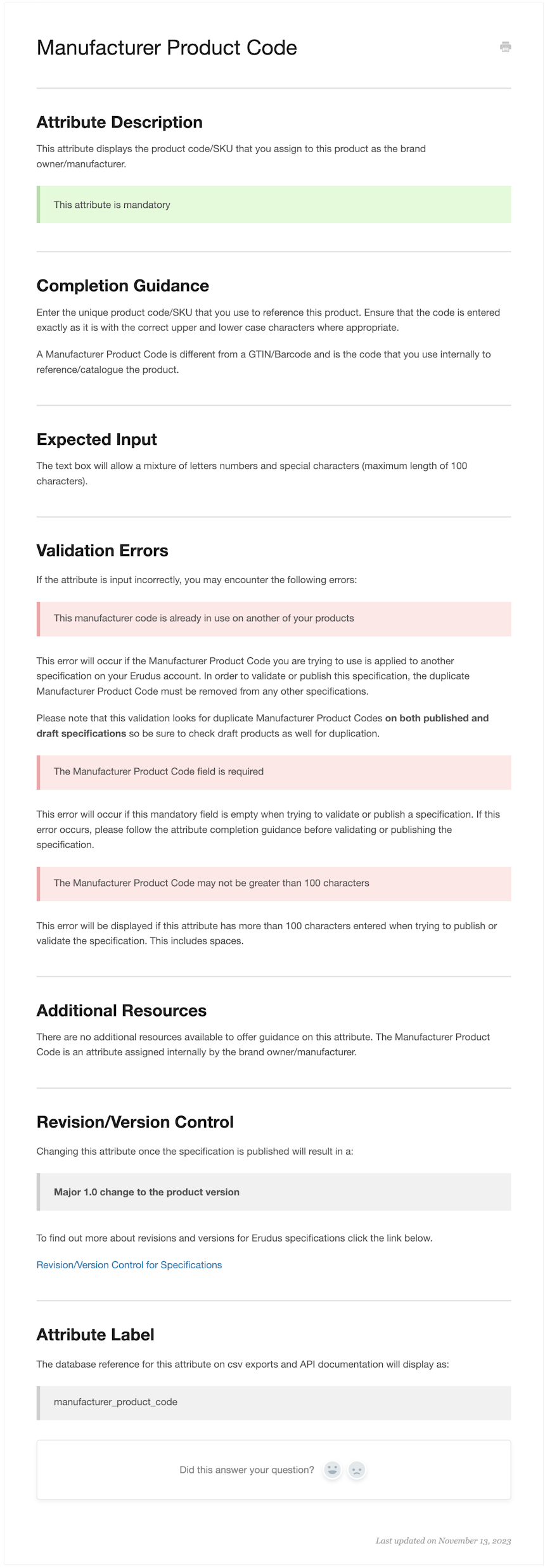 Manufacturer Product Code - Sidebar Guidance