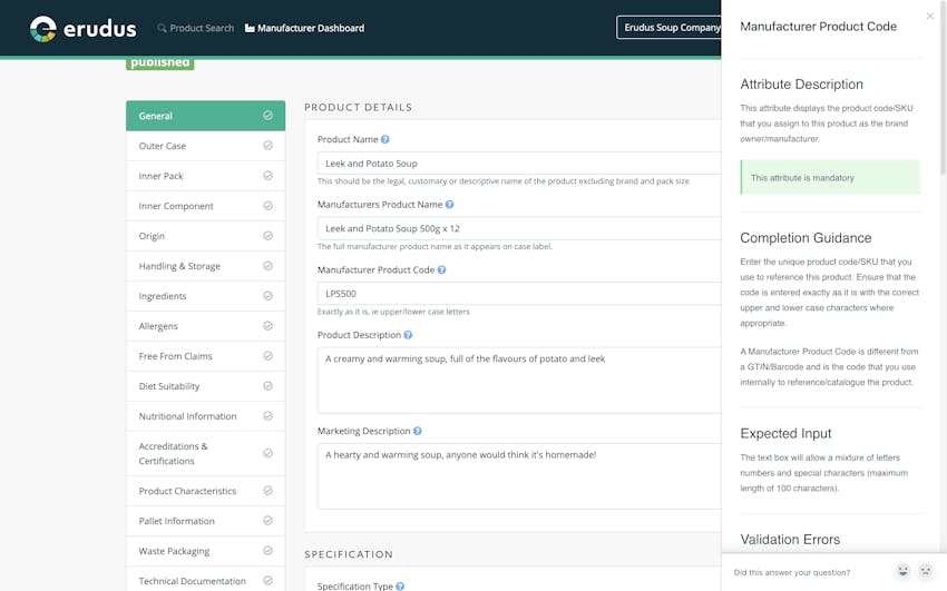 Sidebar Guidance for Manufacturers using Erudus, pops out on the right of the screen