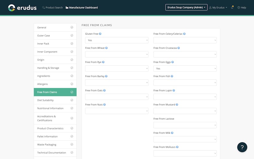 Free From Section in the Erudus Product Editor allows for 'Free From' claims to be made