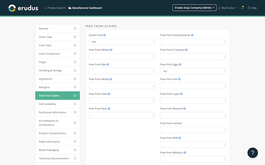 Free From Section in the Erudus Product Editor allows for 'Free From' claims to be made