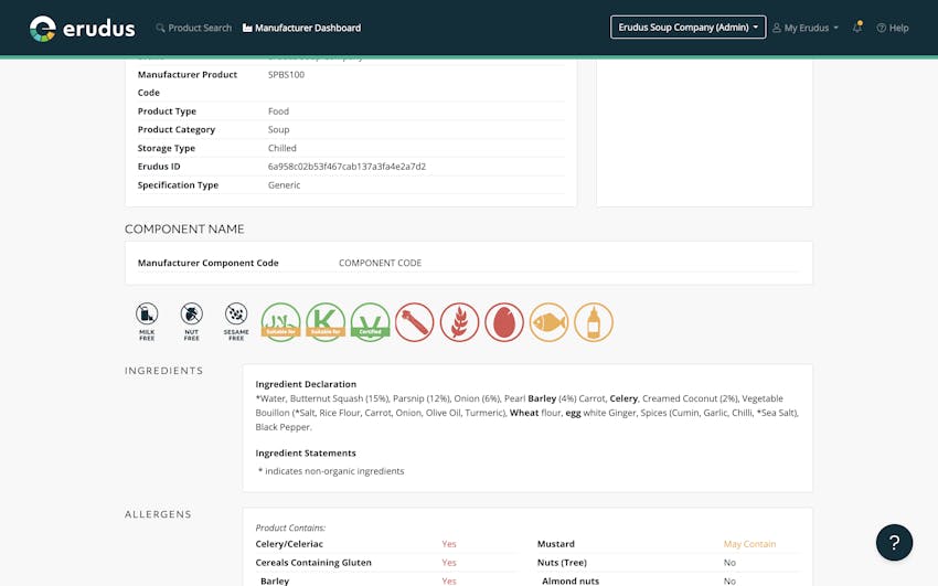 Free From claims are graphically shown using icons on a Erudus Product Specification