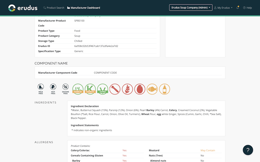 Free From claims are graphically shown using icons on a Erudus Product Specification