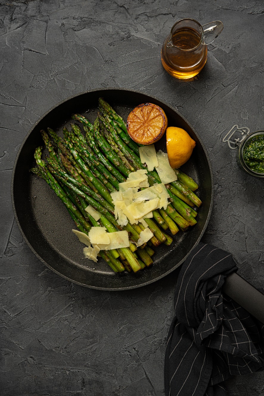 Summer seasonal foods in the UK  - asparagus with parmesan