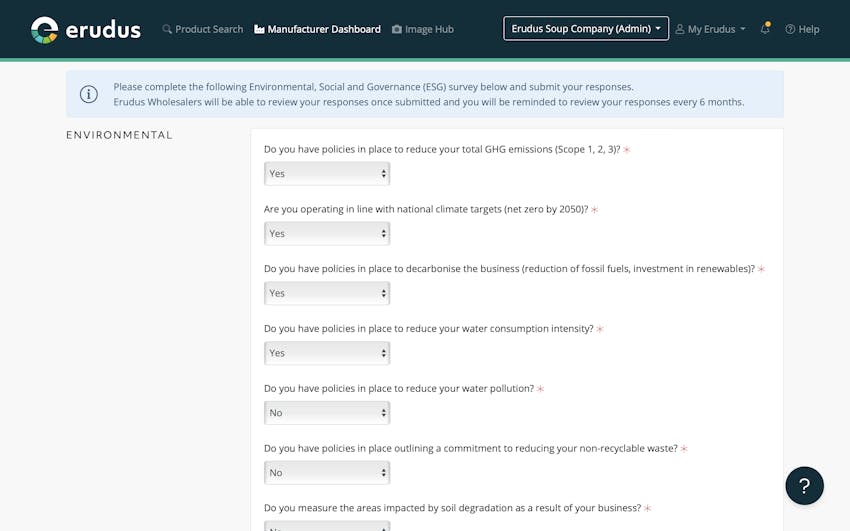 Questions on the Erudus ESG survey for Manufacturers