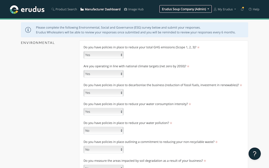 Questions on the Erudus ESG survey for Manufacturers