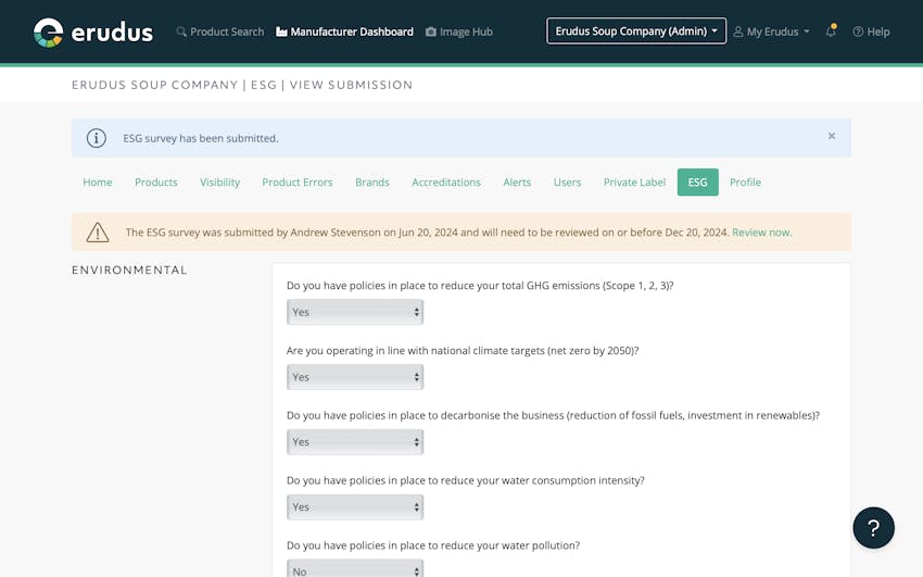 Examples of Questions on the Erudus ESG survey for Manufacturers