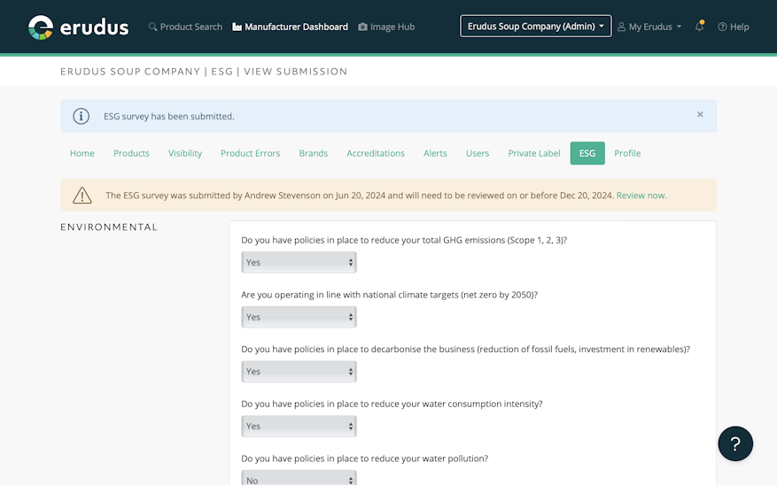 Examples of Questions on the Erudus ESG survey for Manufacturers