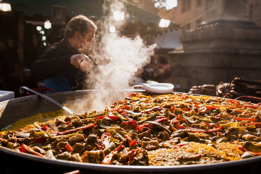 What is traditionally in paella?  Paella in pan