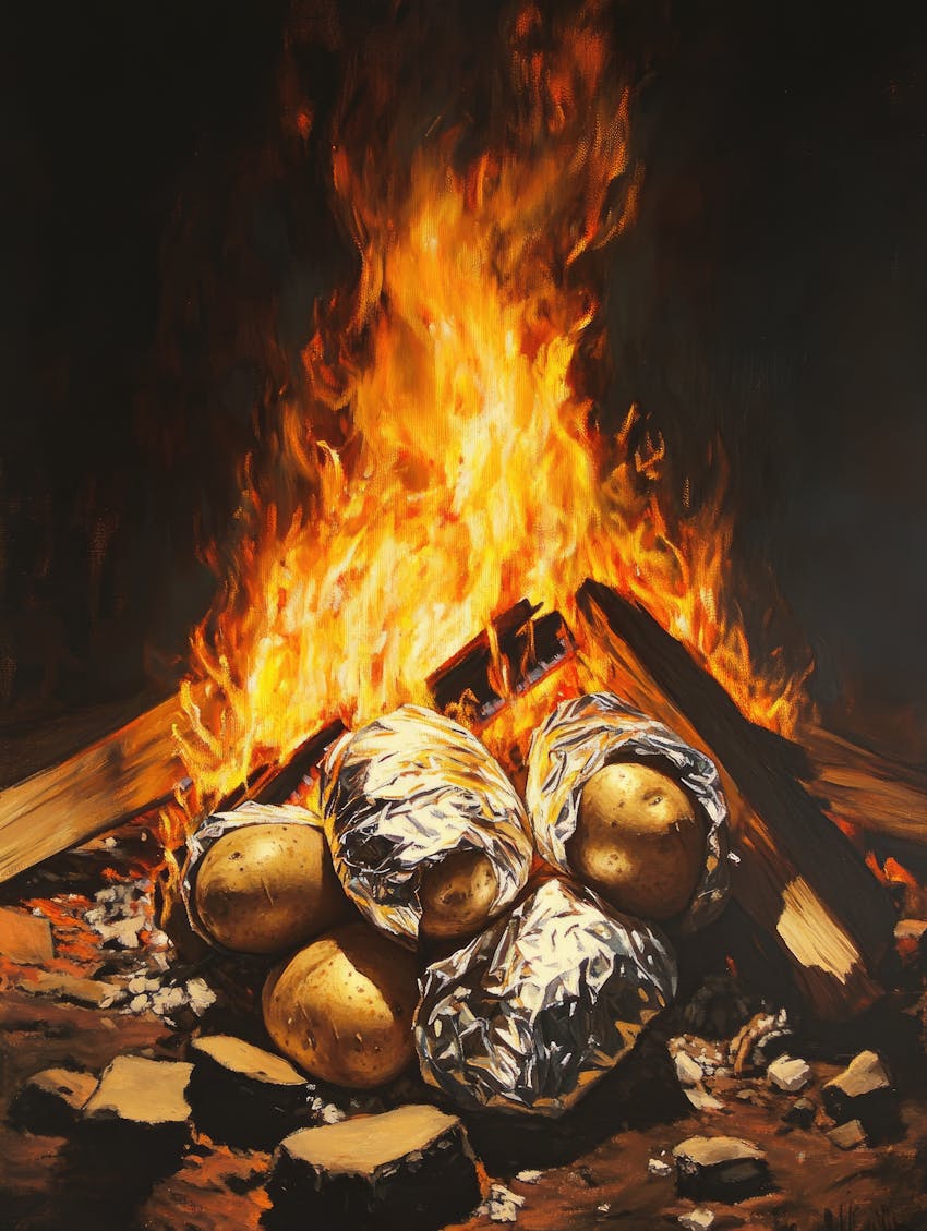 Easy things to cook over a fire - jacket potatoes on fire
