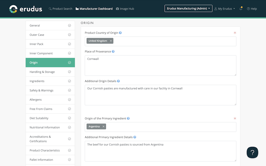 The new Origin section of the Product Editor Screenshot of the new origin attributes