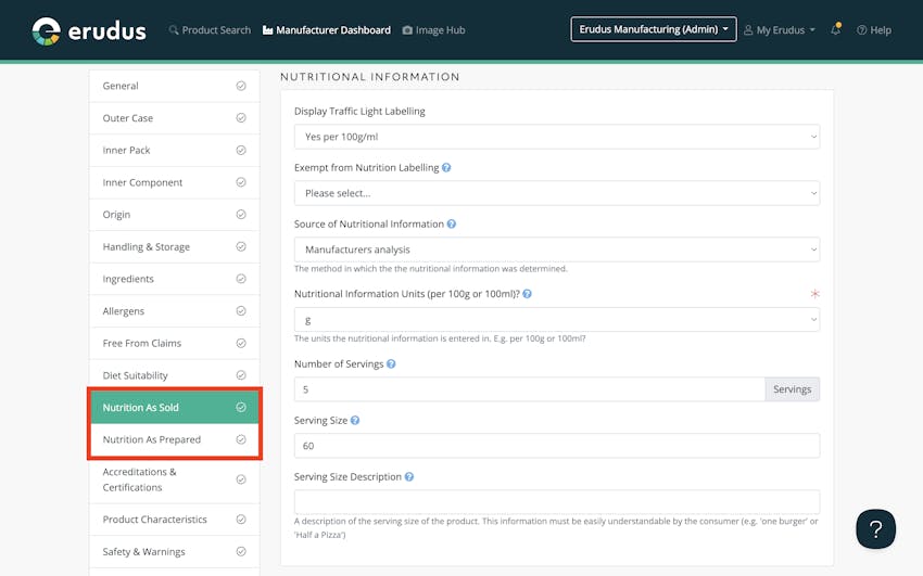 New nutritional attribute navs in the Erudus Product Editor