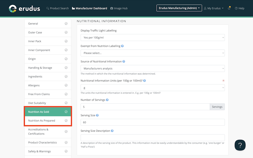 New nutritional attribute navs in the Erudus Product Editor