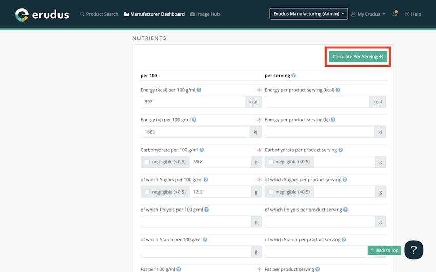 Automatically calculate per serving nutritional information