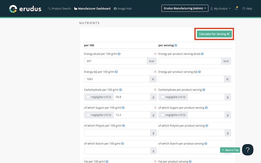 Automatically calculate per serving nutritional information