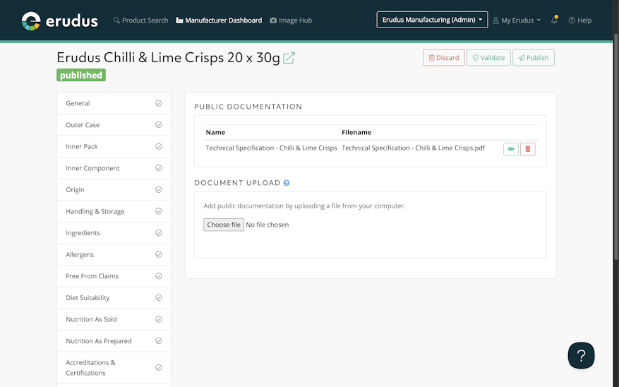 New Enhancement: Uploading technical documentation against specifications in Erudus - Public Documentation with a document uploaded