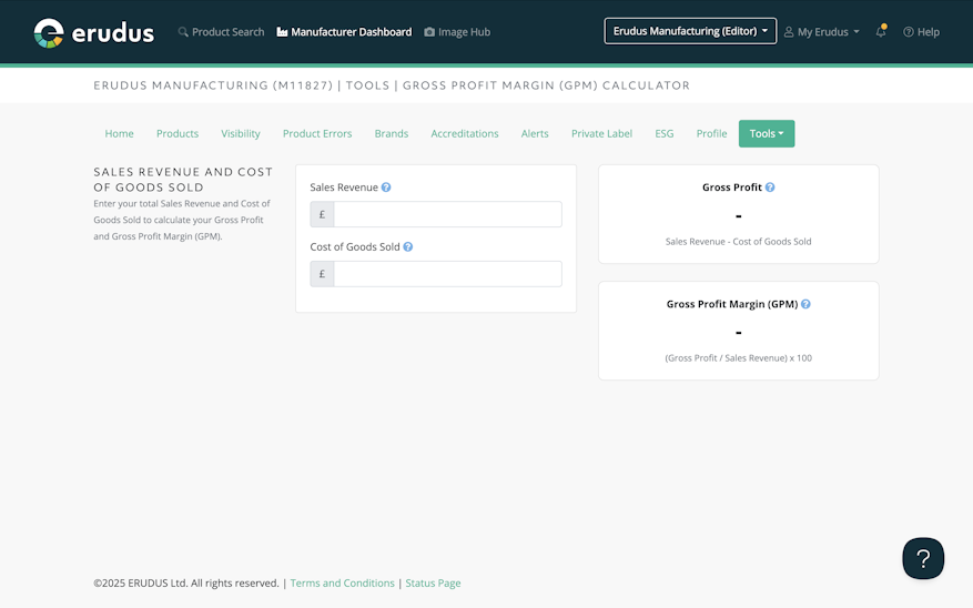 Erudus Gross Profit Margin calculator on Manufacturer dashboard