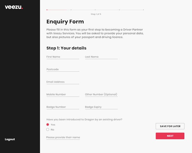 Veezu Driver enquiry form