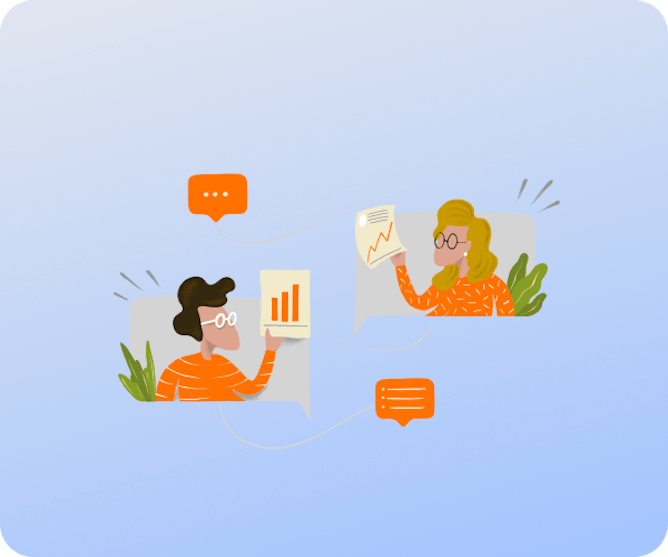 Illustration showing team members sharing reports