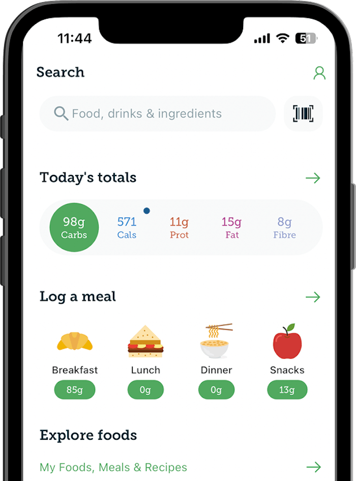Carbs & Cals mobile app homescreen