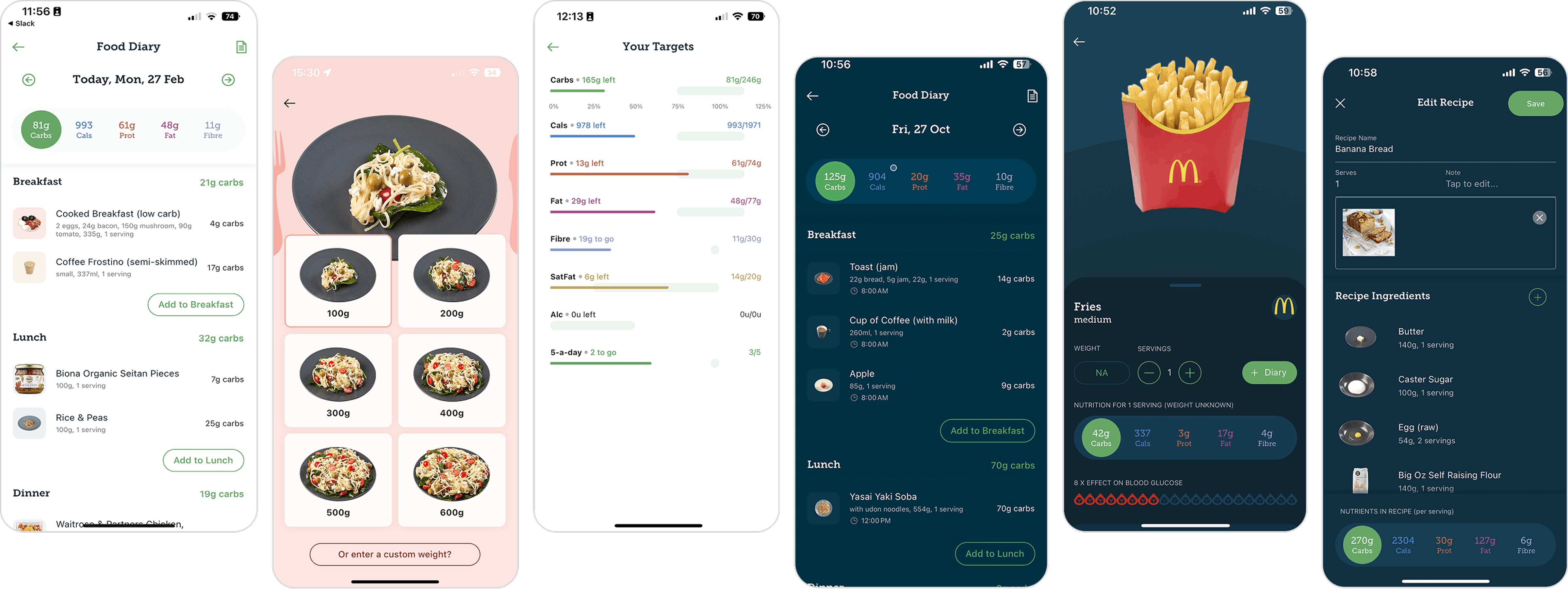 App screens from the Carbs & Cals mobile app
