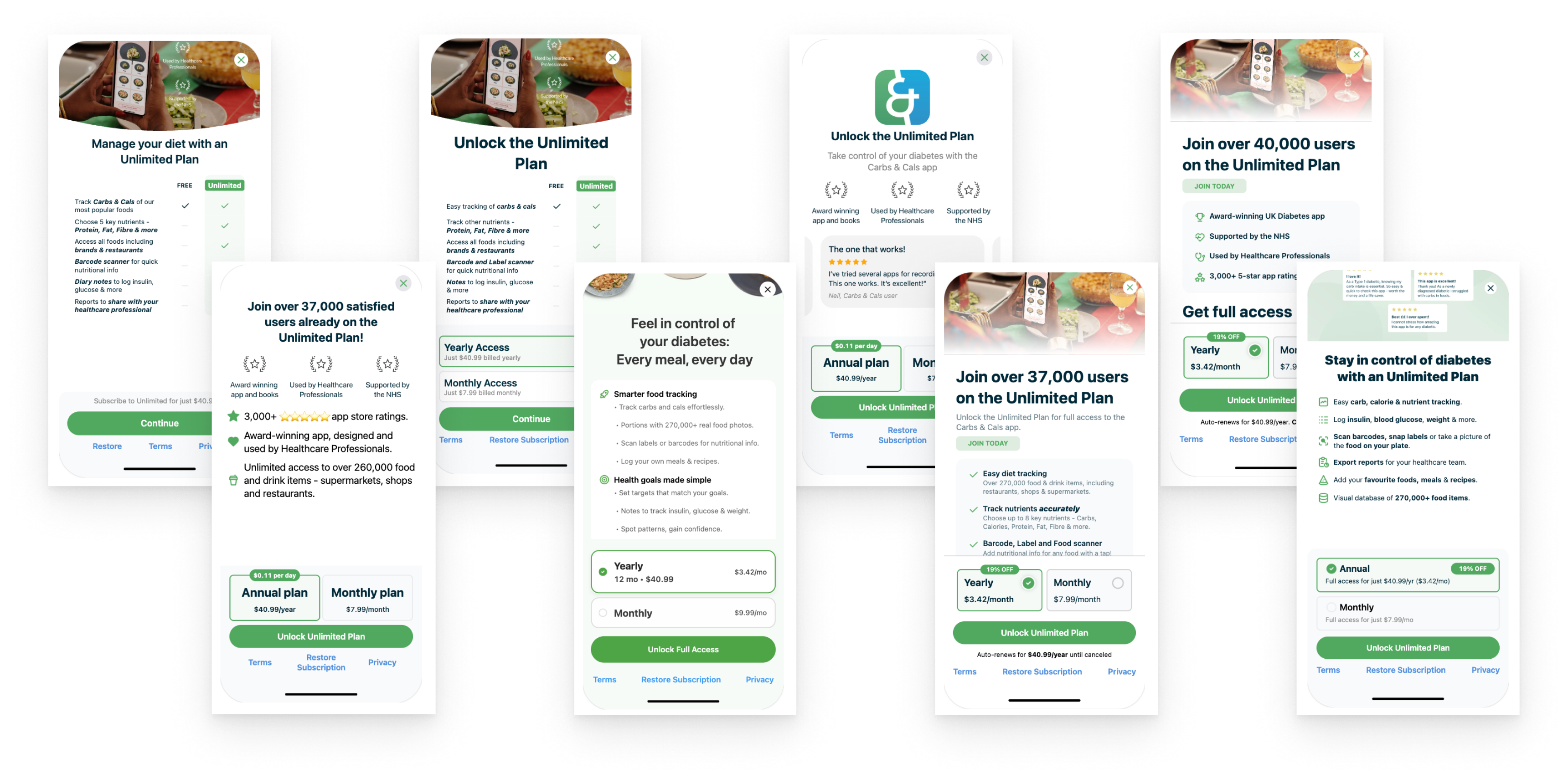 An example of different paywalls tested in the Carbs & Cals app