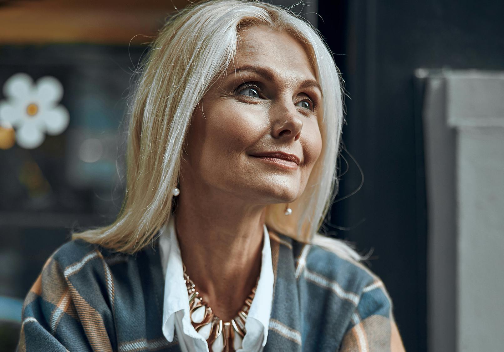 Older woman with youthful looking face and apperance.