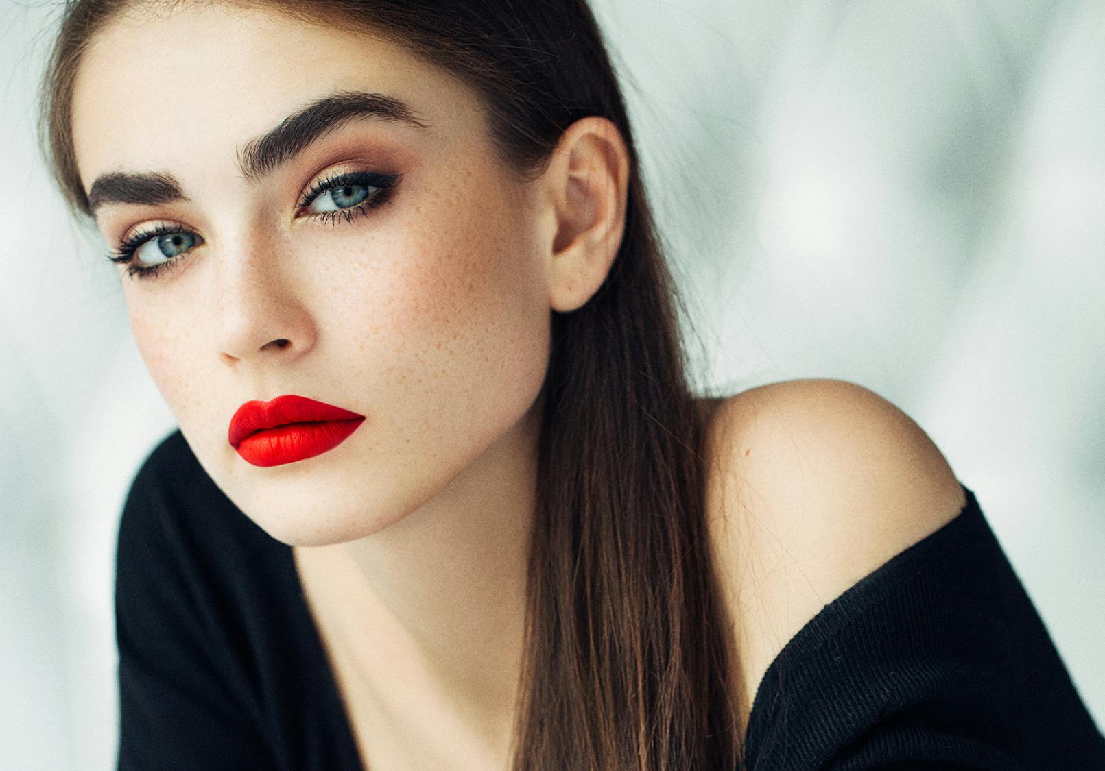 Close up of woman's face with smooth angelic looking skin.