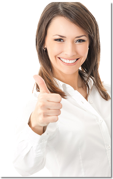 Woman in a white shirt smiles while giving the thumbs up
