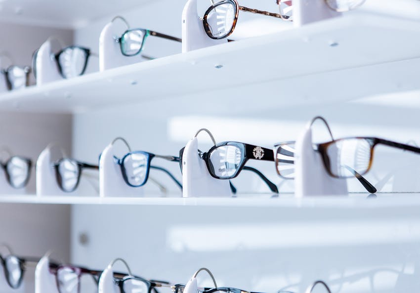 glasses on a shelf