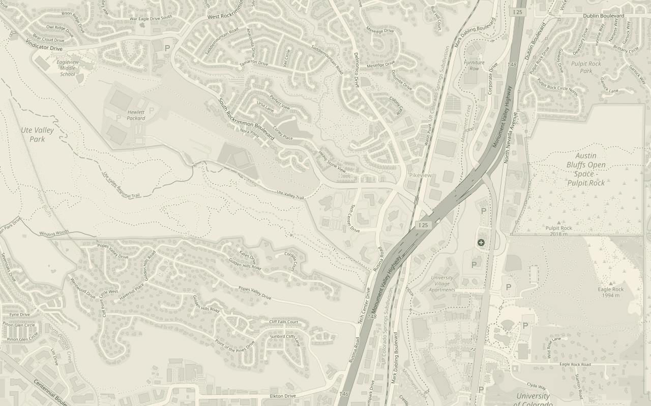 Map of the area around the Colorado Springs Marriott, just west of Interstate 25