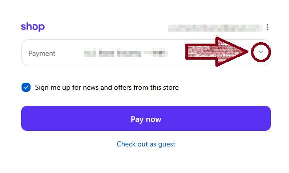 Shop Pay checkout with an arrow pointing to the expand button beside Payment