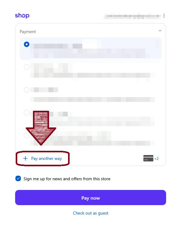 Expanded payment list with an arrow pointing to “Pay another way”