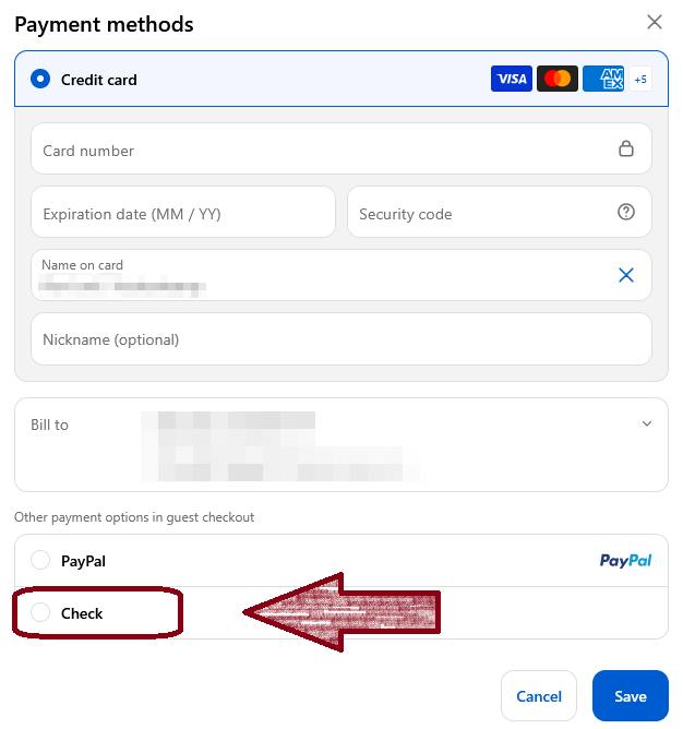 Payment methods dialog with an arrow pointing to the Check option