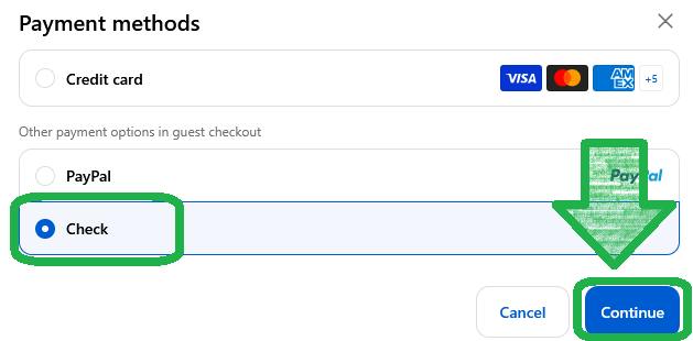 Check selected in the payment methods dialog, with an arrow pointing to Continue