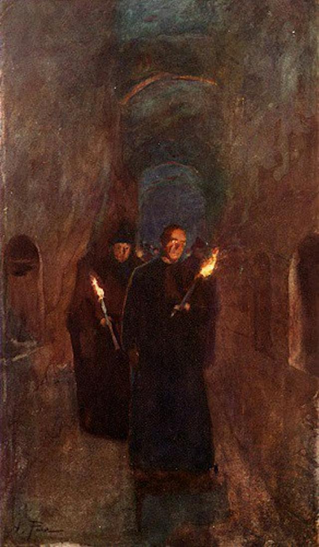 Robed figures carrying torches walk in procession through a catacomb